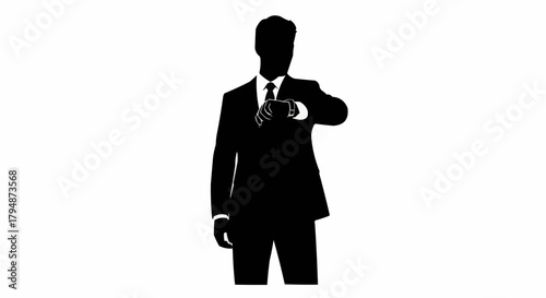 Silhouette of a businessman checking his watch, symbolizing punctuality and time management.