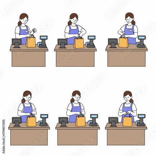 Vector illustration sequence showing a smiling female clerk wearing an apron, packing items into a paper bag at a checkout register, symbolizing retail service.