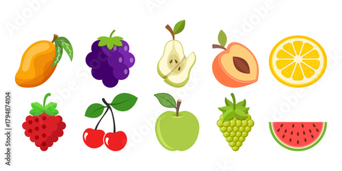 Natural tropical fruits icon set collection in flat style. Tropical plant vector illustration on isolated background. Healthy food sign business concept.