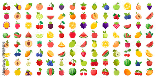 Natural tropical fruits icon set collection in flat style. Tropical plant vector illustration on isolated background. Healthy food sign business concept.