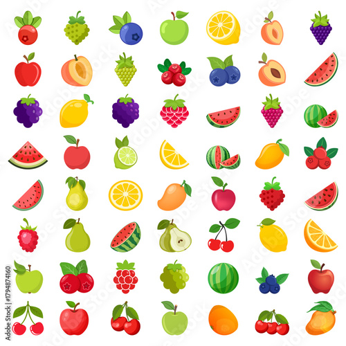 Natural tropical fruits icon set collection in flat style. Tropical plant vector illustration on isolated background. Healthy food sign business concept.