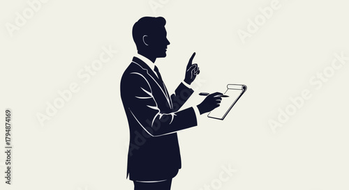 Silhouette of a businessman taking notes and making a point.