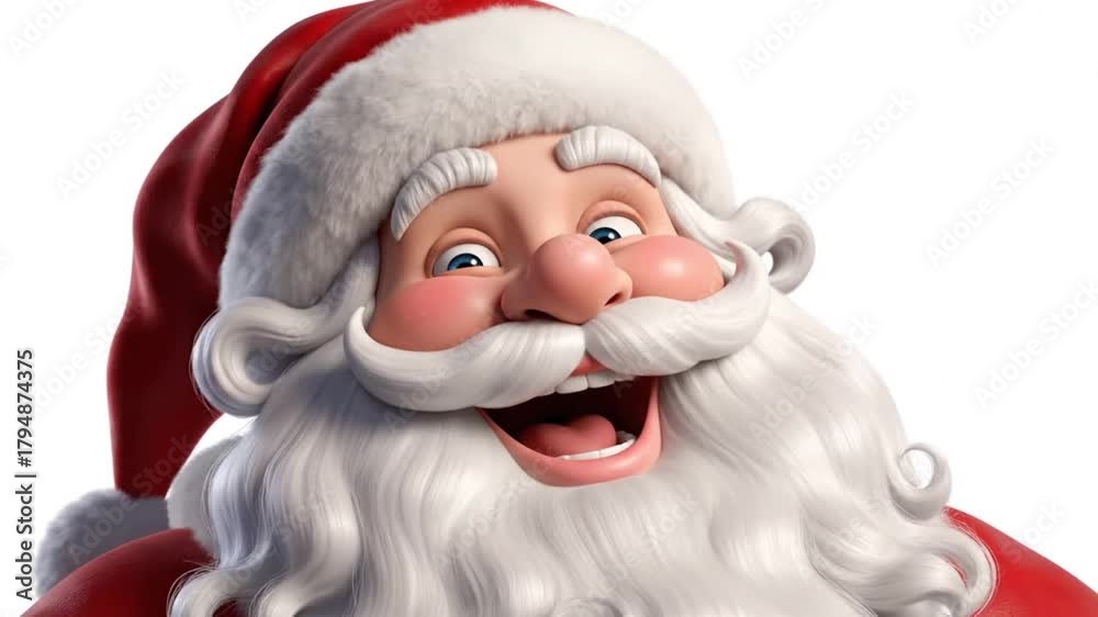 A clean and charming 3D animation focusing solely on the face of Santa Claus, set against a pristine white background. Santa smiling warmly, winking conspiratorially.