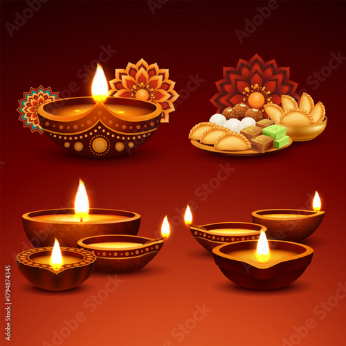 Diwali diya sets and sweet platter in realistic mini composition format