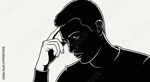 Pensive Man in Deep Thought, Contemplating with Hand on Forehead.