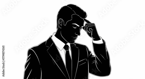 Silhouette of a Thoughtful Businessman in a Suit Contemplating a Decision.