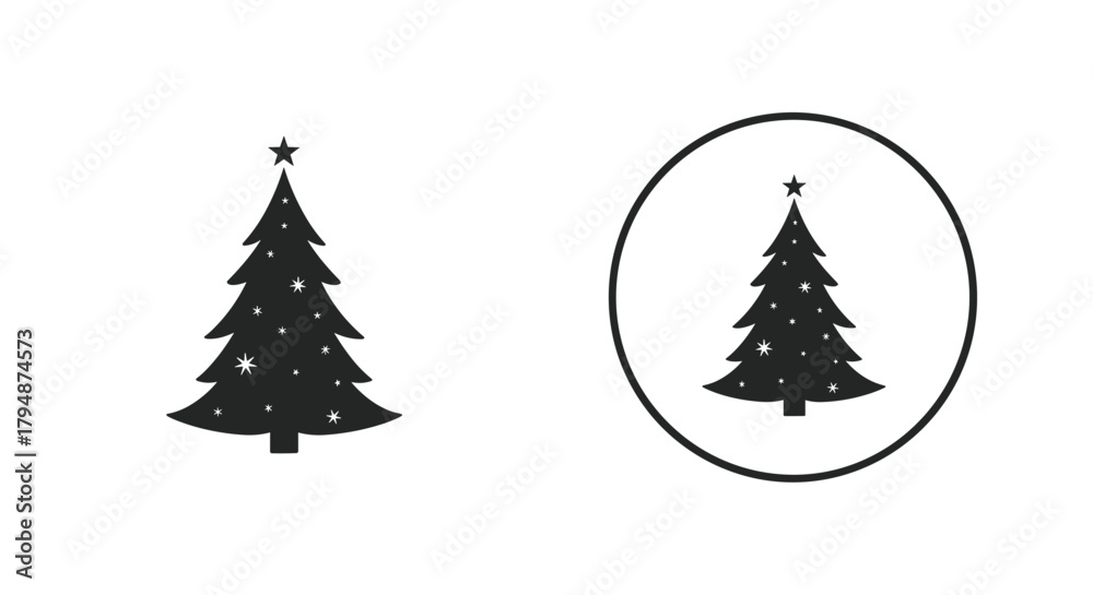Obraz premium A minimalist black silhouette of a decorated Christmas tree with a star on top on a white background.