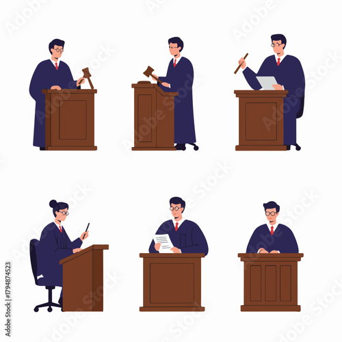 Six illustrations of judges in judicial robes performing court duties, including using a gavel and reviewing legal documents.