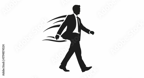 Silhouette of a businessman walking with speed lines indicating motion.