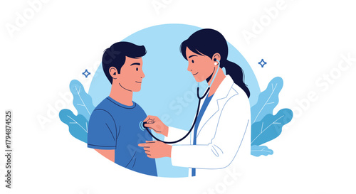 A doctor listens to a young boy's chest with a stethoscope during a medical examination.
