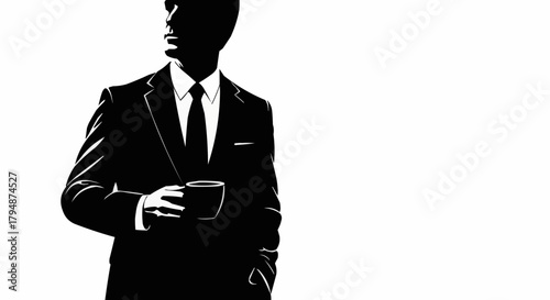 High contrast black and white silhouette of a businessman holding a coffee cup.