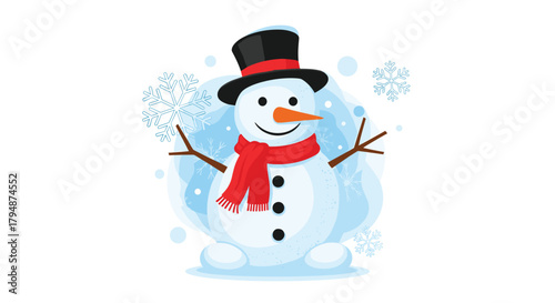 A cute snowman with a hat and scarf stands in the snow with snowflakes falling around.
