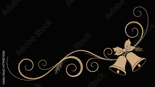Elegant Gold Christmas bells with holly on black vector background for holiday design