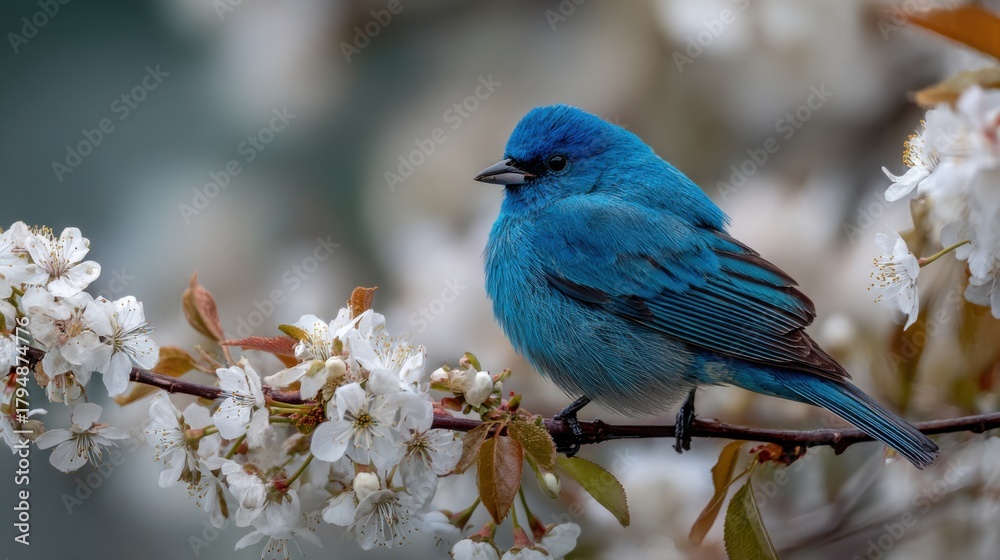 Fototapeta premium Azure Bird Resting on Delicate White Spring Blossoms