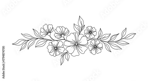 Line art floral arrangement with flowers and leaves on white background