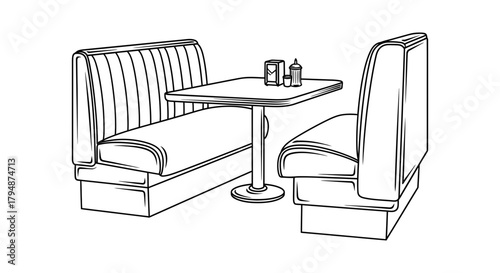 Illustration of a diner booth with table and condiment containers