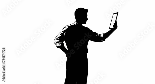Silhouette of a man holding a tablet device.