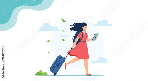 Young woman with a backpack and suitcase is running and looking at her tablet planning her next adventure.
