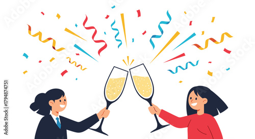 Two women celebrating with champagne and confetti in the air.