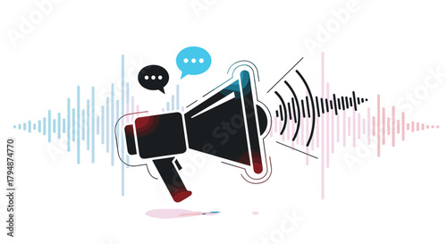An illustration representing sound waves emanating from a megaphone and speech bubbles signifying communication and announcement.
