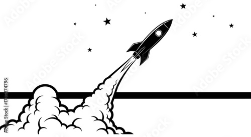 Black and white rocket launching with stars and smoke illustration