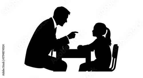 Silhouette of man pointing at girl sitting at table on white background