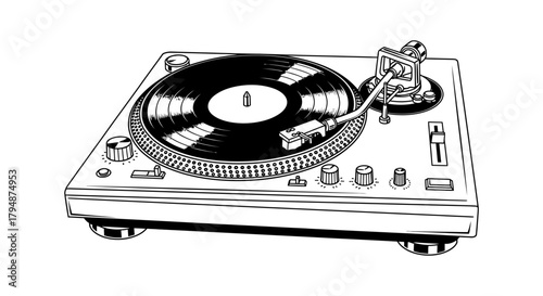 Illustration of a vintage turntable with a vinyl record on white background