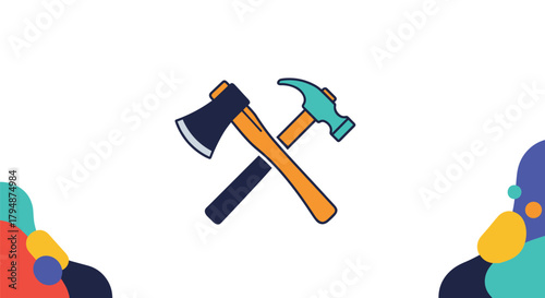 An illustration of an axe and a hammer crossed together on a white background with colorful blobs on the sides.