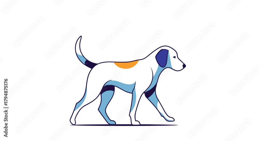 Obraz premium An animated drawing of a dog walking in a side profile with dashed outline and blue accents.