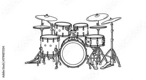 Detailed line art illustration of a complete drum set on white space