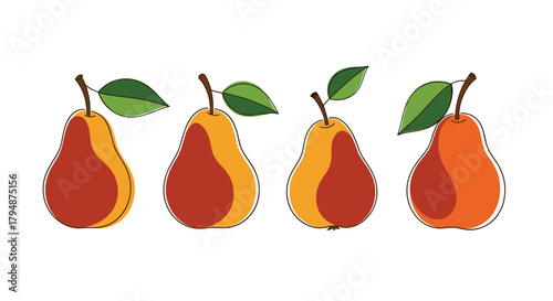 A row of four colorful pears with green leaves on top.