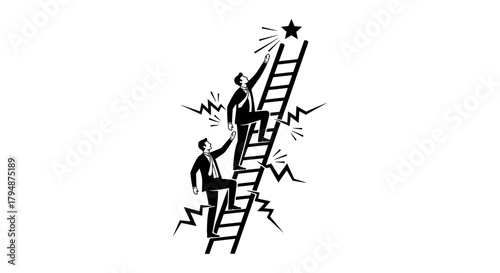 Two businessmen climbing a ladder towards a star in black and white art