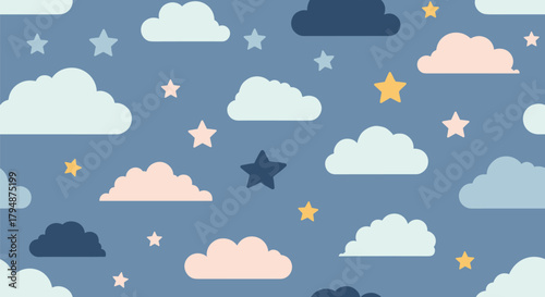 Soft pastel clouds and stars gentle seamless pattern for nursery and sleep.