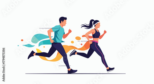 A man and woman running side by side during a fitness activity outdoors.