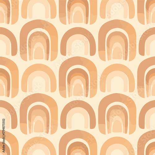 Neutral Boho Rainbow Seamless Pattern with Warm Terracotta, Peach, and Beige Tones, Minimal Earthy Decorative Geometric Vector Background for Modern Wallpaper, Textile, and Bohemian Interior Design