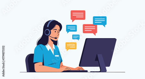 Customer support agent working on a computer with communication bubbles above