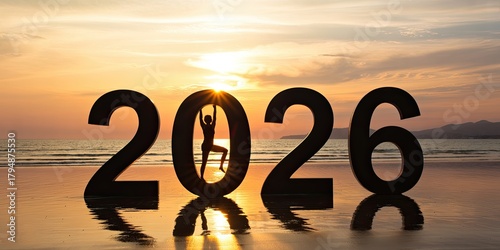 Woman doing yoga inside 2026 numbers on beach at sunset for new year