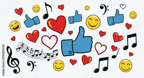 A collection of social media icons including likes, hearts, emojis, and musical notes on a white background.