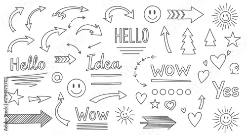 A collection of hand-drawn doodle elements including various arrows, text, emojis, and shapes in a sketchy style on a white background.