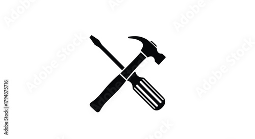 A simple black and white icon depicting a hammer crossed with a screwdriver representing tools.