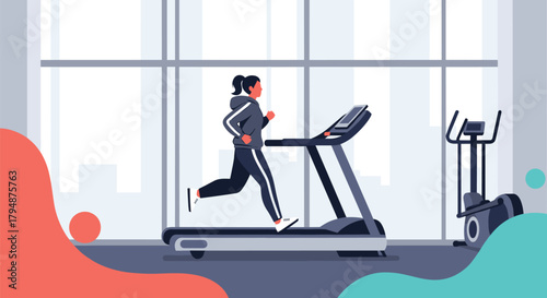 A woman is running on a treadmill in a gym to stay fit.