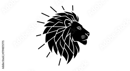 A stylized black silhouette of a lion's head with radiating lines emanating from its mane.