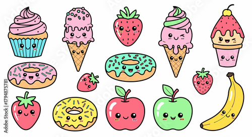 A collection of cute cartoon desserts and fruits with smiling faces, including cupcakes, ice cream, donuts, strawberries, apples, and a banana.