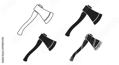 A collection of various axe drawings presented in different styles and levels of detail.