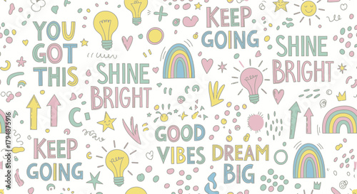A cheerful and colorful seamless pattern with inspirational quotes and positive symbols like lightbulbs and rainbows.