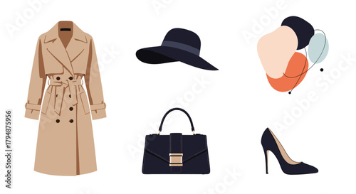 An elegant beige trench coat a stylish navy blue hat a dark navy handbag and black high heel shoes for a sophisticated look.