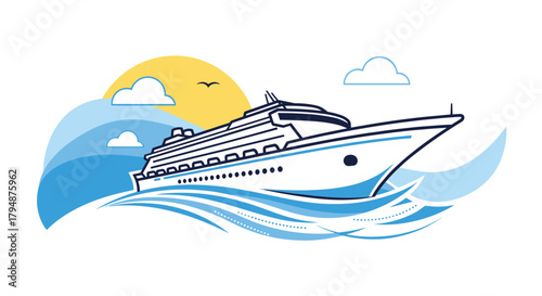 A majestic cruise ship sails across the ocean under a bright sun and fluffy clouds.