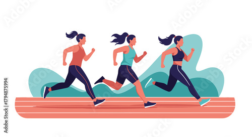 Three women running together on a track for fitness and health.