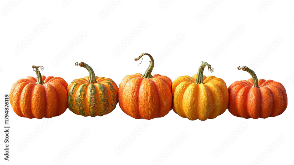 Obraz premium A row of five colorful pumpkins with ribbed texture