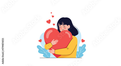 A woman is hugging a large red heart in a loving gesture.